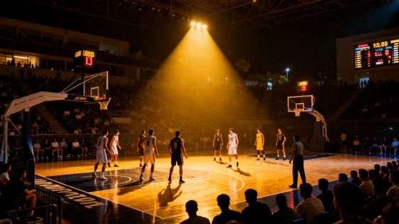 夜晚篮球馆内进行篮球比赛的场馆画面